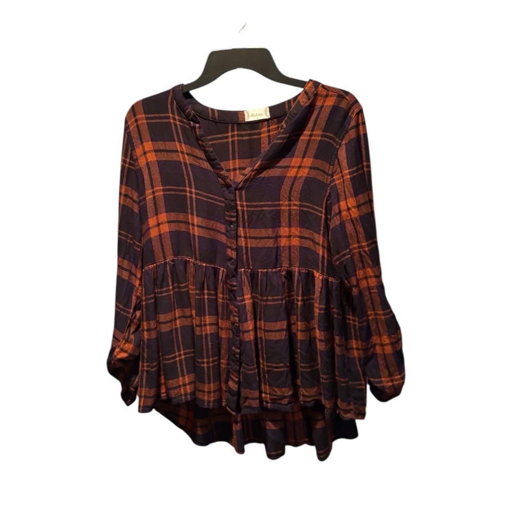 Altar'd State San Francisco Copper Button Down Long Sleeve Plaid Top Large